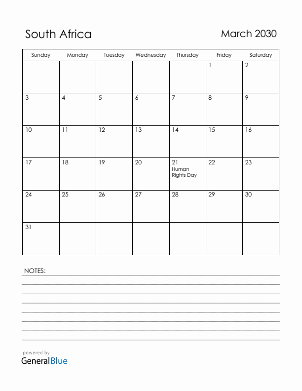 March 2030 South Africa Calendar with Holidays (Sunday Start)