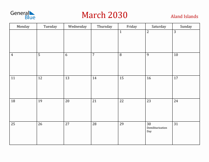 Aland Islands March 2030 Calendar - Monday Start