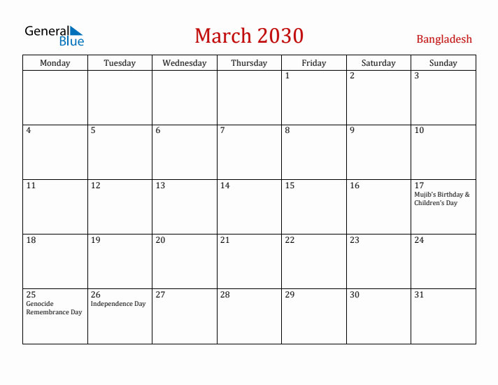 Bangladesh March 2030 Calendar - Monday Start