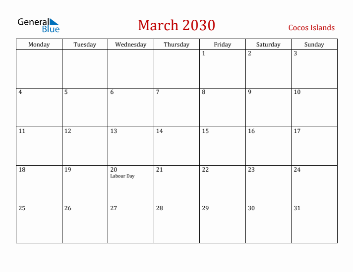 Cocos Islands March 2030 Calendar - Monday Start