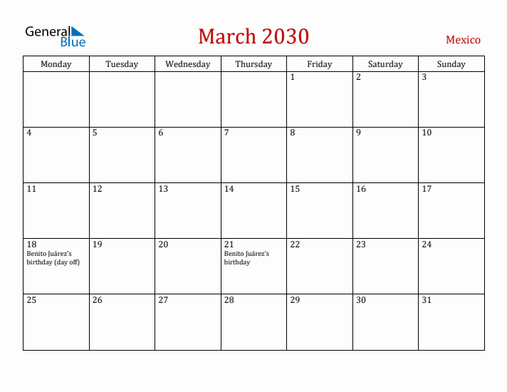 Mexico March 2030 Calendar - Monday Start