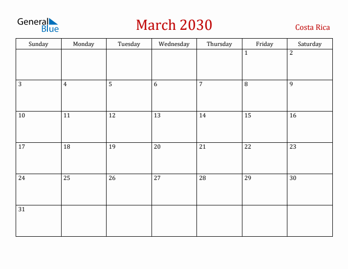 Costa Rica March 2030 Calendar - Sunday Start