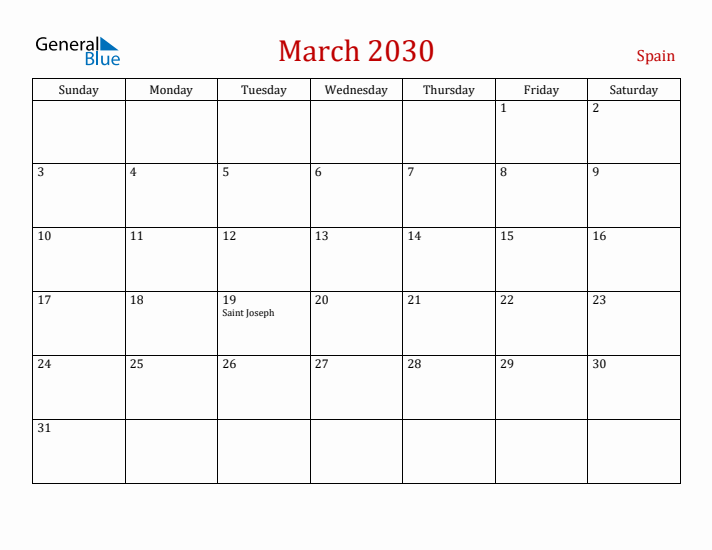 Spain March 2030 Calendar - Sunday Start