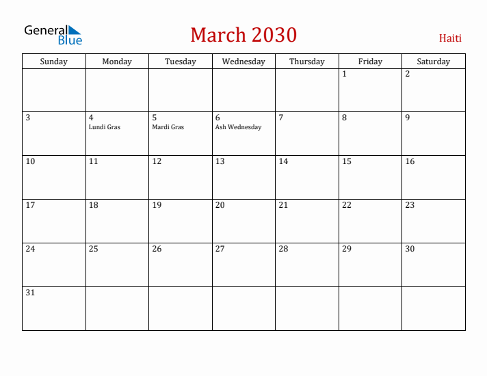 Haiti March 2030 Calendar - Sunday Start