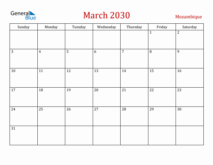 Mozambique March 2030 Calendar - Sunday Start