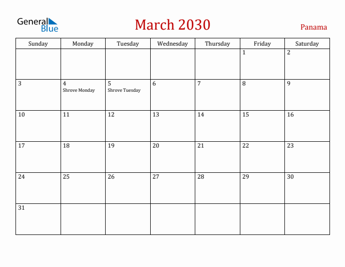 Panama March 2030 Calendar - Sunday Start