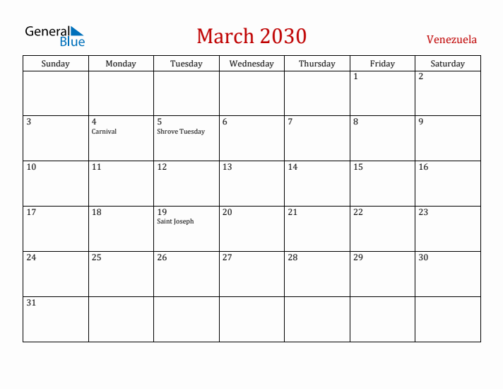 Venezuela March 2030 Calendar - Sunday Start