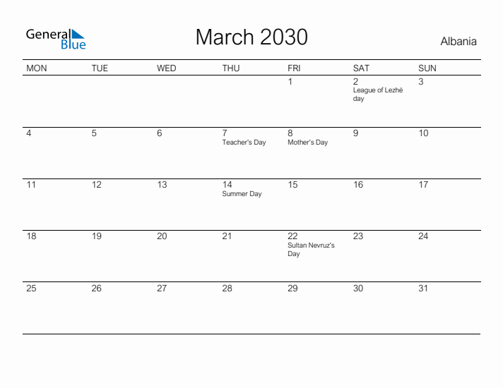 Printable March 2030 Calendar for Albania