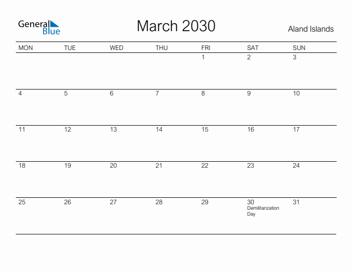 Printable March 2030 Calendar for Aland Islands