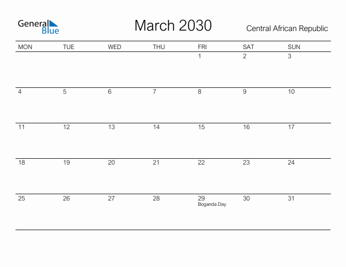 Printable March 2030 Calendar for Central African Republic