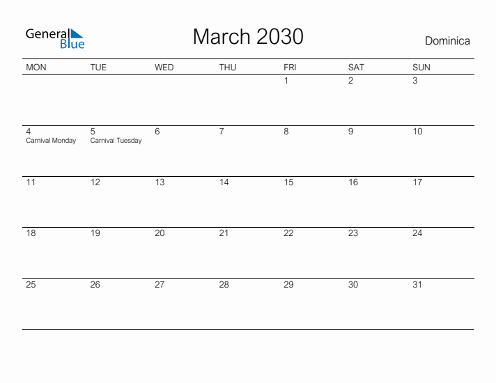 Printable March 2030 Calendar for Dominica