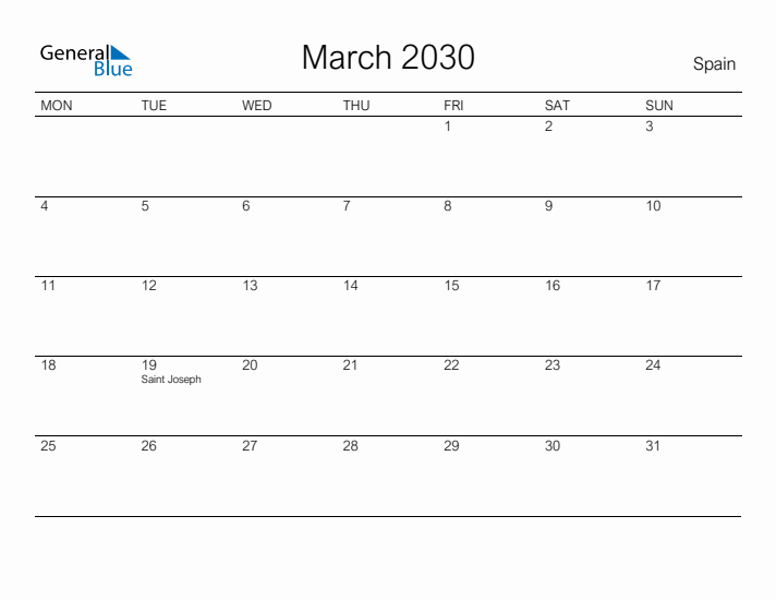 Printable March 2030 Calendar for Spain