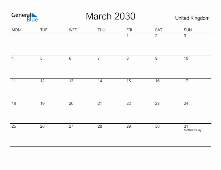 Printable March 2030 Calendar for United Kingdom