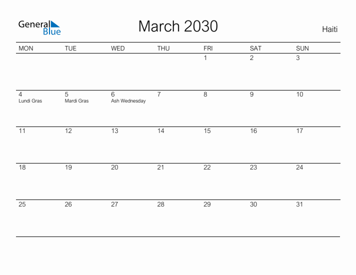 Printable March 2030 Calendar for Haiti