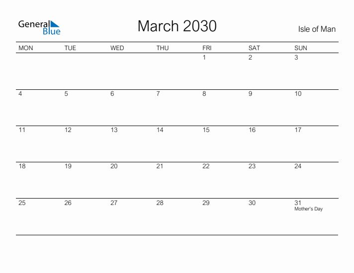 Printable March 2030 Calendar for Isle of Man