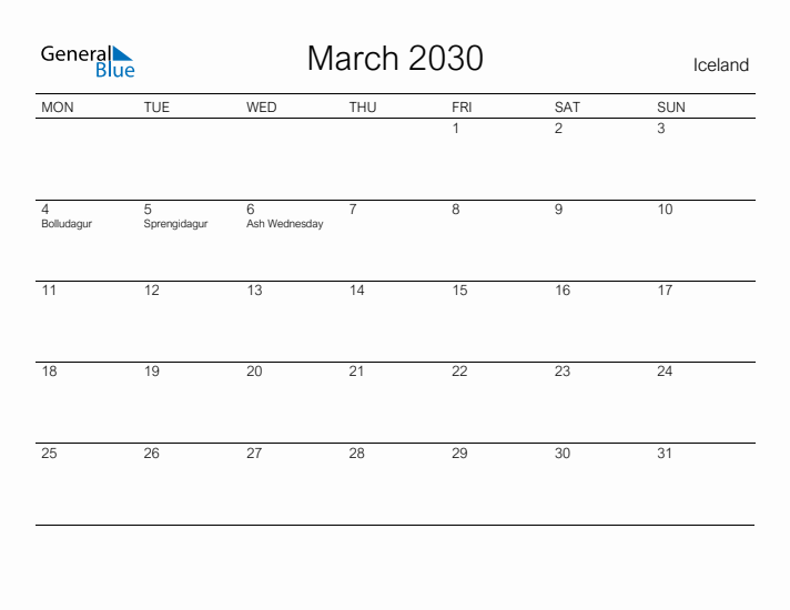 Printable March 2030 Calendar for Iceland