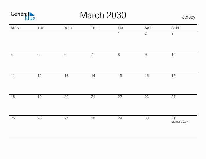 Printable March 2030 Calendar for Jersey