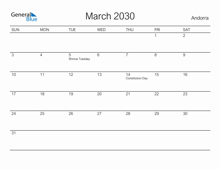 Printable March 2030 Calendar for Andorra