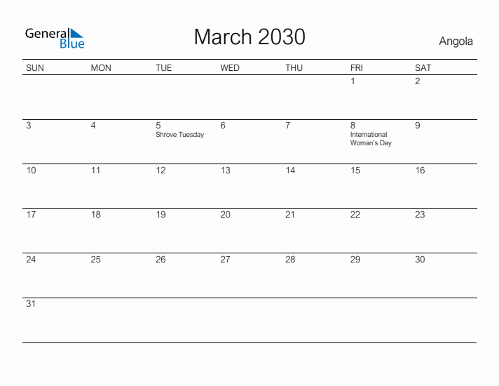 Printable March 2030 Calendar for Angola