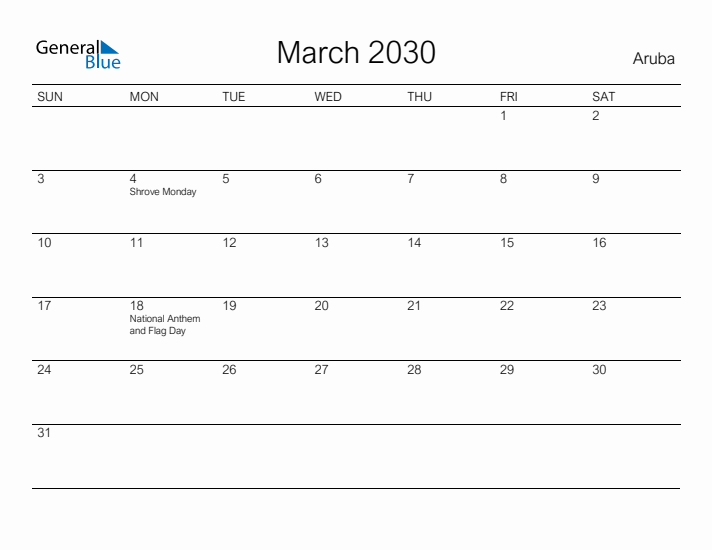 Printable March 2030 Calendar for Aruba