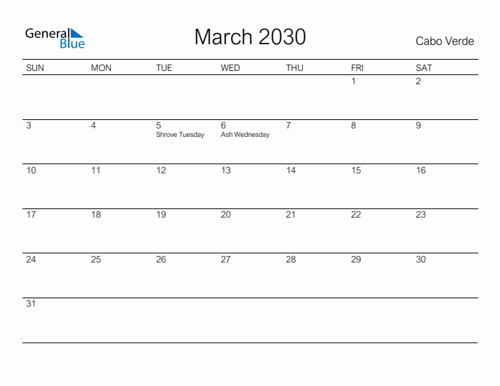 Printable March 2030 Calendar for Cabo Verde