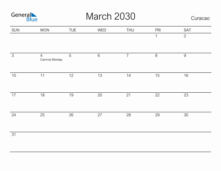 Printable March 2030 Calendar for Curacao