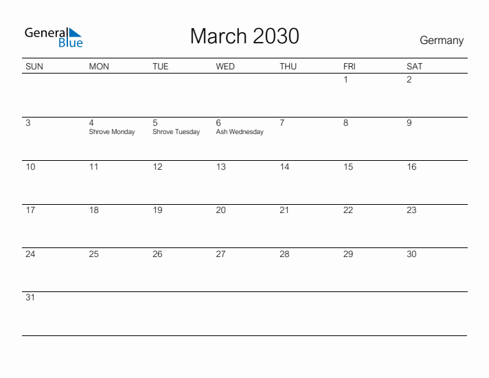 Printable March 2030 Calendar for Germany