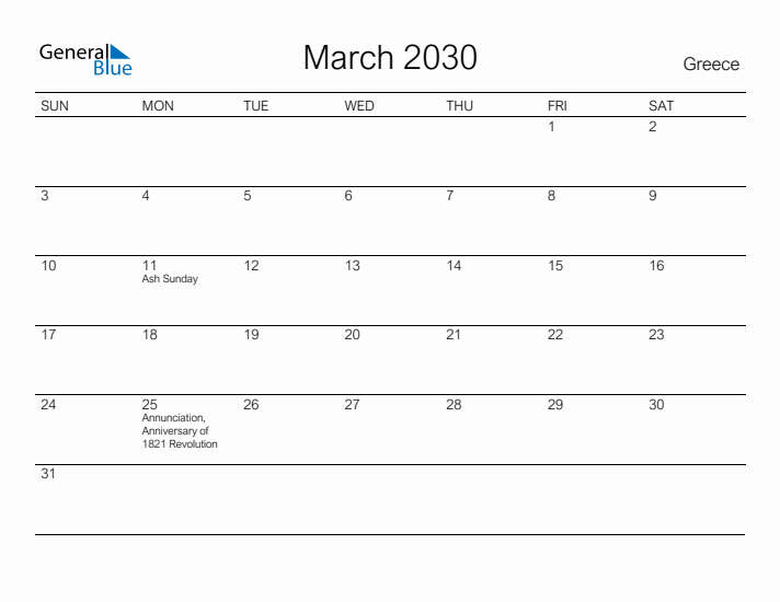 Printable March 2030 Calendar for Greece