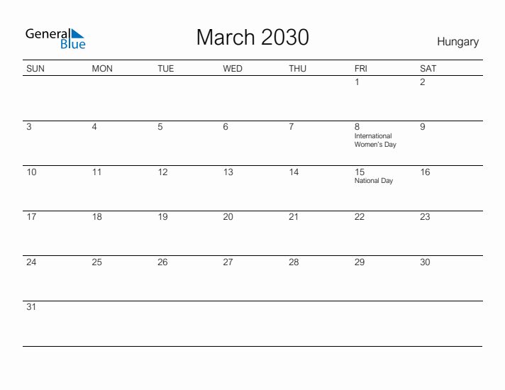 Printable March 2030 Calendar for Hungary