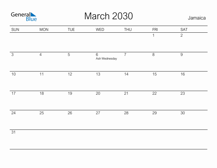 Printable March 2030 Calendar for Jamaica