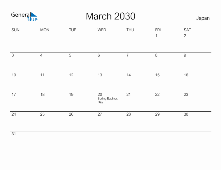 Printable March 2030 Calendar for Japan