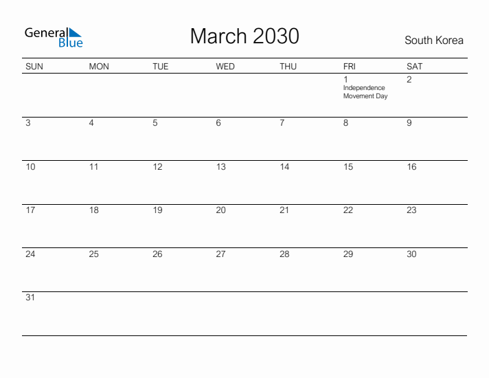 Printable March 2030 Calendar for South Korea