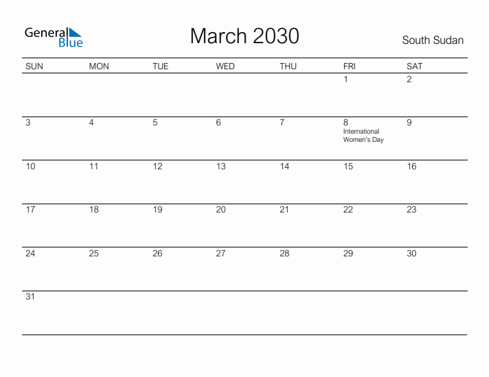 Printable March 2030 Calendar for South Sudan