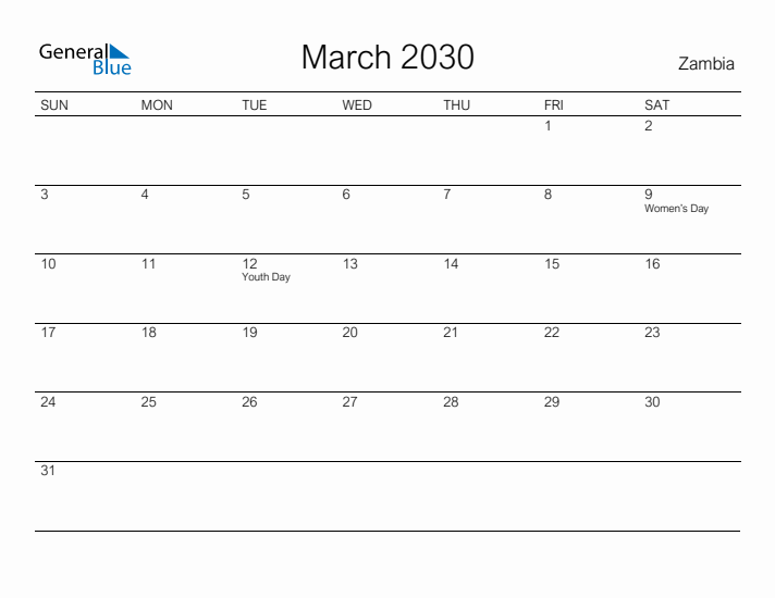 Printable March 2030 Calendar for Zambia