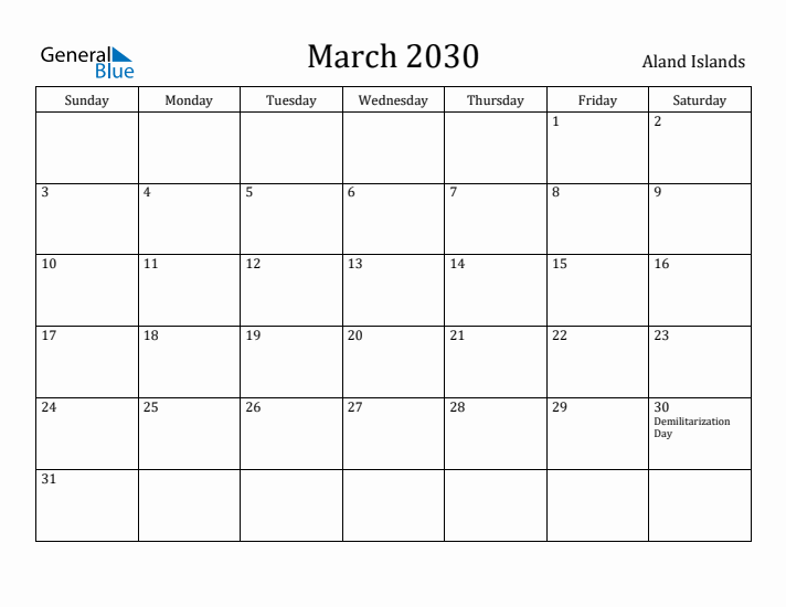 March 2030 Calendar Aland Islands