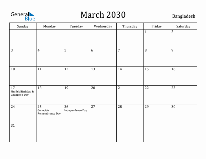 March 2030 Calendar Bangladesh