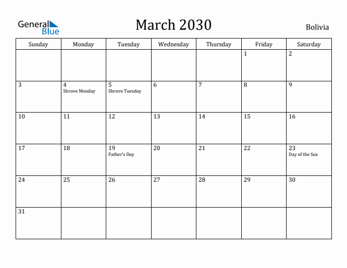 March 2030 Calendar Bolivia