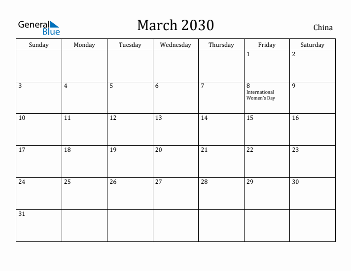 March 2030 Calendar China