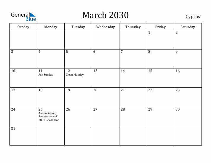 March 2030 Calendar Cyprus