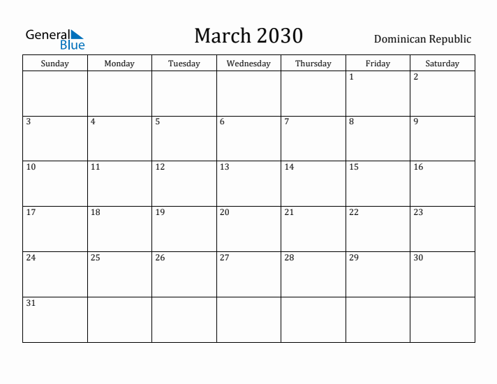 March 2030 Calendar Dominican Republic