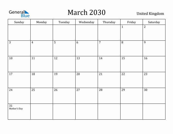 March 2030 Calendar United Kingdom