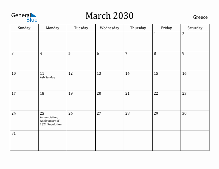 March 2030 Calendar Greece