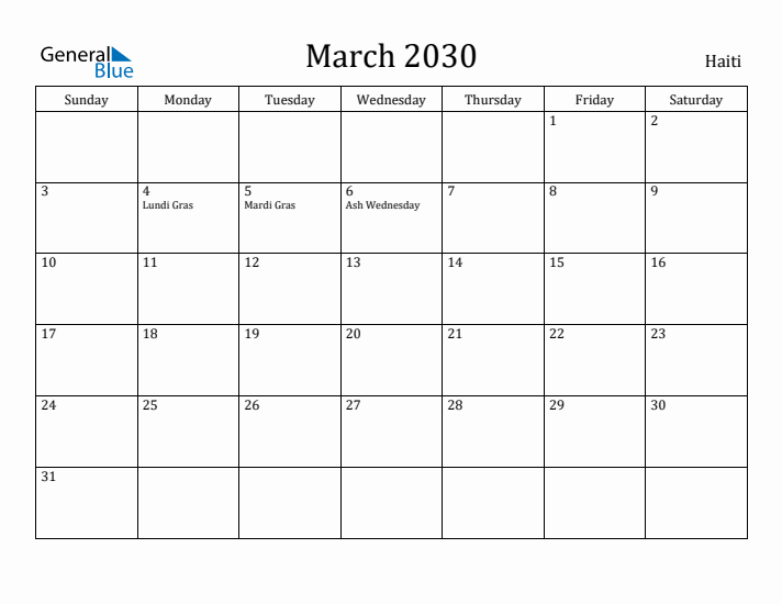 March 2030 Calendar Haiti