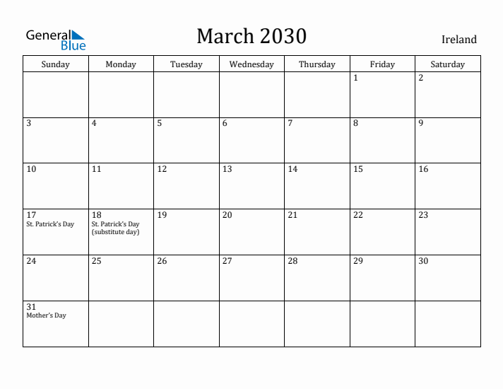 March 2030 Calendar Ireland