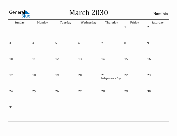 March 2030 Calendar Namibia