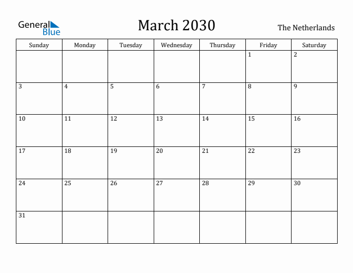 March 2030 Calendar The Netherlands