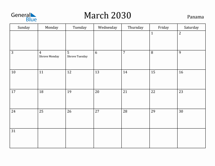 March 2030 Calendar Panama