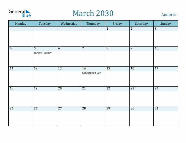 March 2030 Calendar with Holidays