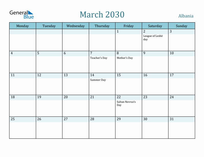 March 2030 Calendar with Holidays