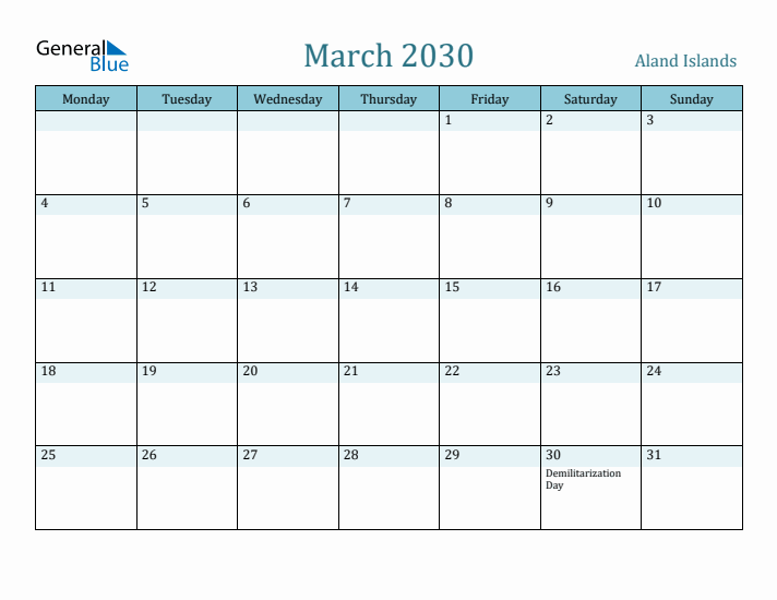 March 2030 Calendar with Holidays